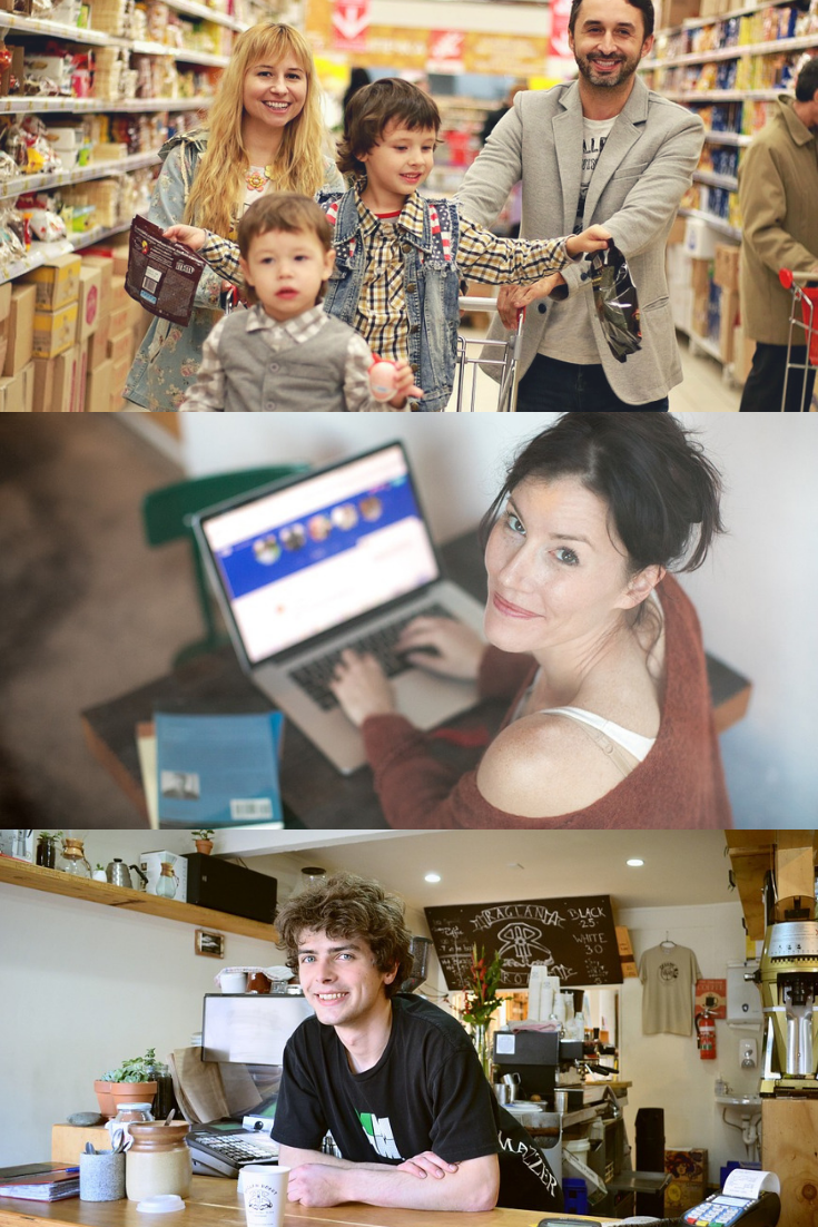 3 zdjęcia: Rodzina, kobieta pracująca na laptopie, mężczyzna pracujący w kawiarni