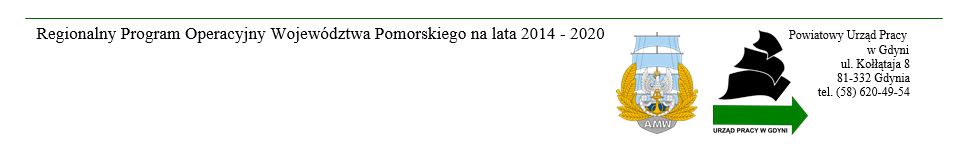 Regionalny Programu Operacyjny Województwa Pomorskiego na lata 2014-2020. Logo Akademia Marynarki Wojennej, Powiatowy Urząd Pracy w Gdyni