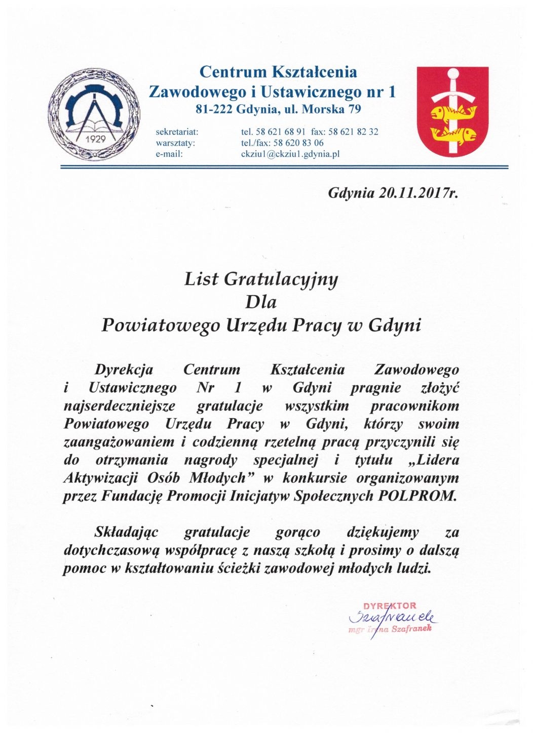 List Gratulacyjny dla Powiatowego Urzędu Pracy w Gdyni