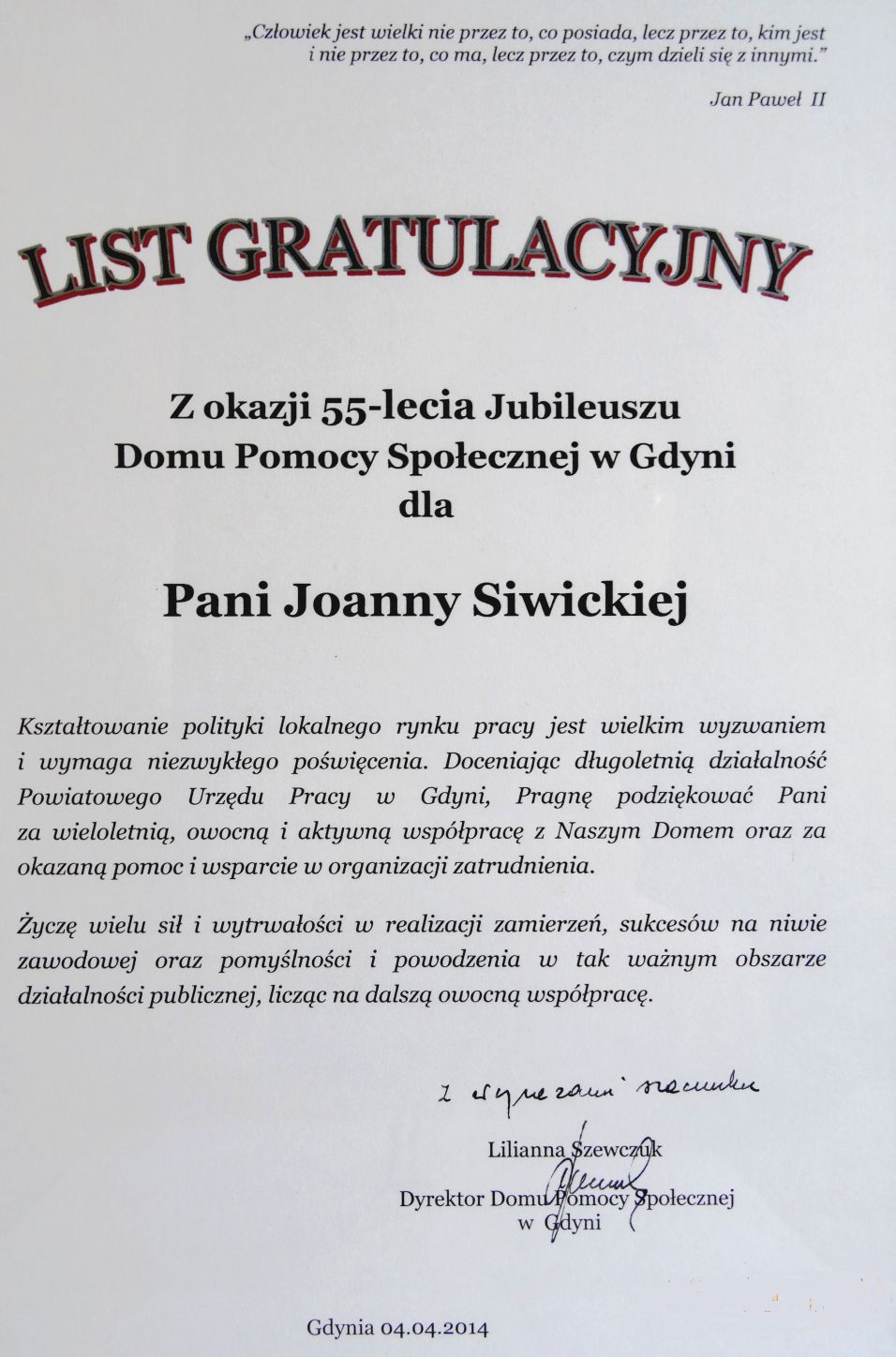 List Gratulacyjny z okazji 55-lecia Jubileuszu Domu Pomocy Społecznej w Gdyni