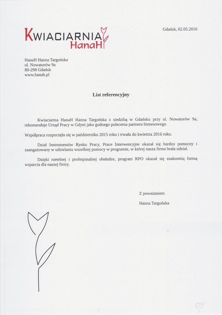 List Referencyjny Kwiaciarnia HanaH Hanna Targońska