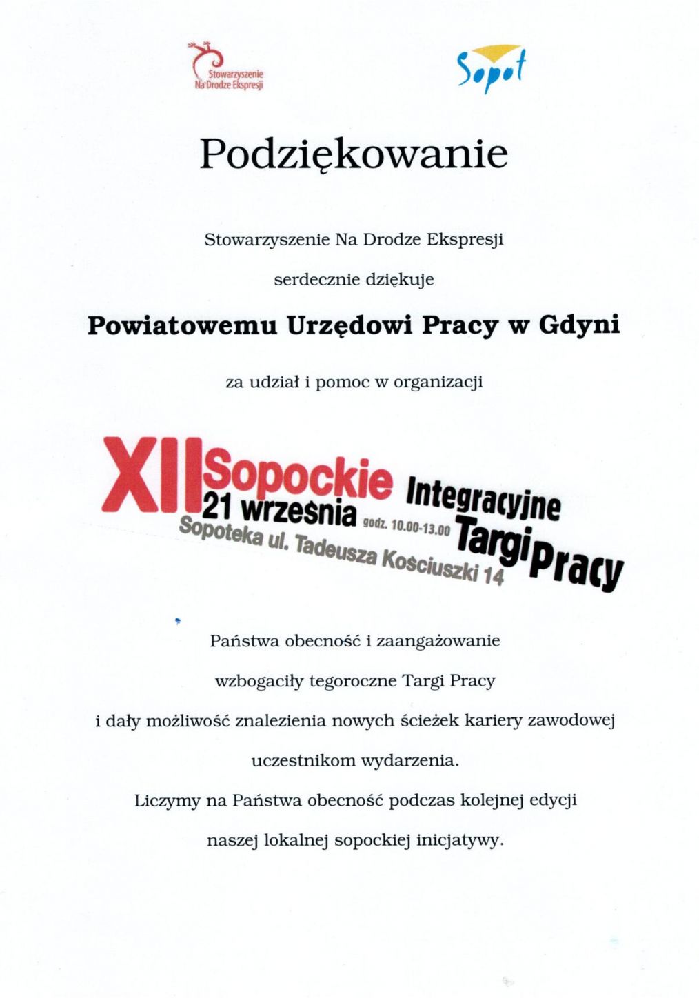 Podziękowania Stowarzyszenie Na Drodze Ekspresji