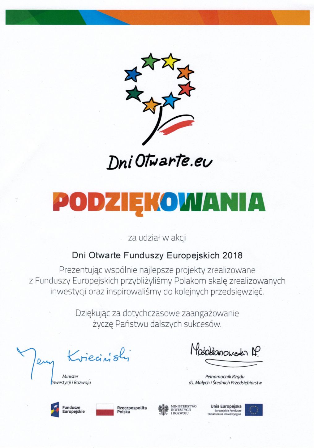 Podziękowania Za udział w akcji Dni Otwarte Funduszy Europejskich 2018