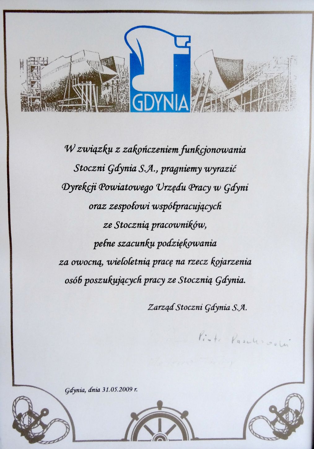 Podziękowania Zarządu Stoczni Gdynia