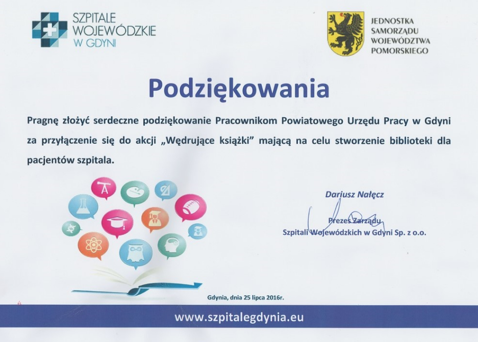 Podziękowania za przyłączenie się do akcji Wędrujące książki Szpitale Wojewódzkie w Gdyni