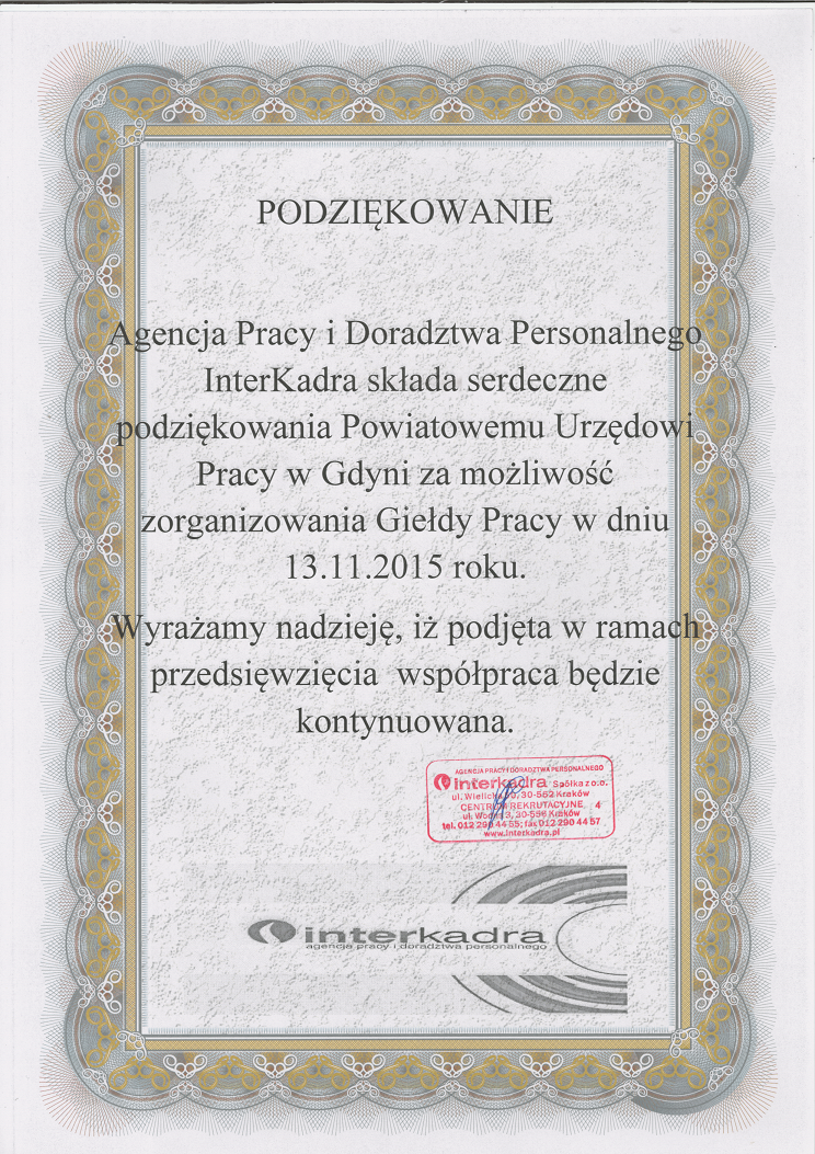 Podziękowanie Agencja Pracy i Doradztwa Personalnego InterKadra