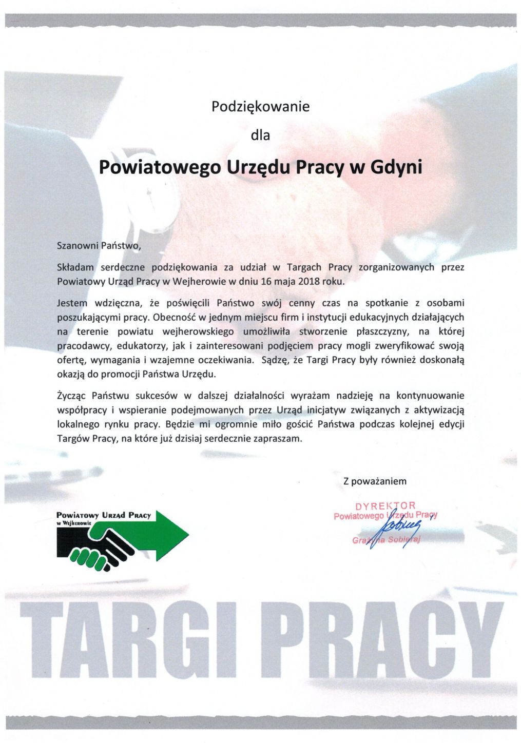 Podziękowanie Dyrektora Urzędu Pracy w Wejherowie za udział w Targach Pracy