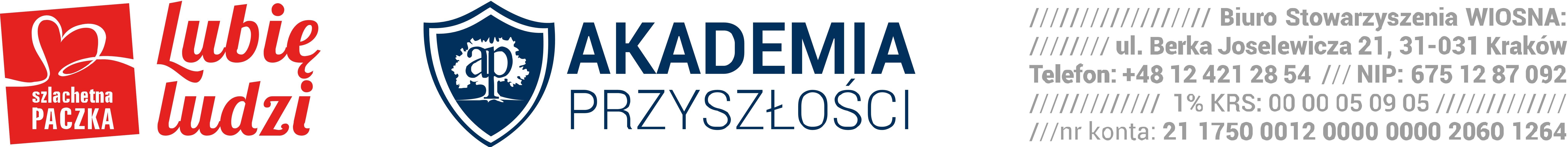 Logo Szlachetna Paczka. Logo Akademia przyszłości. Biuro Stowarzyszenia Wiosna ul. Berka Joselewicza 21, 31-031 Kraków. Telefon 124212854