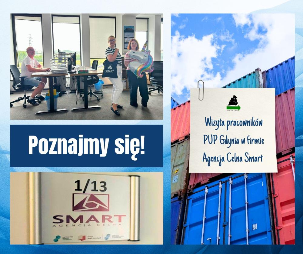 Kolaż przedstawiający wizytę pracowników Powiatowego Urzędu Pracy w Gdyni w Agencji Celnej SMART. Na zdjęciu pracownicy firmy i urzędu podczas spotkania w biurze. Obok znajduje się grafika z napisem „Wizyta pracowników PUP Gdynia w firmie Agencja Celna Smart”, a na dole zdjęcie tabliczki z logo Agencji Celnej Smart.